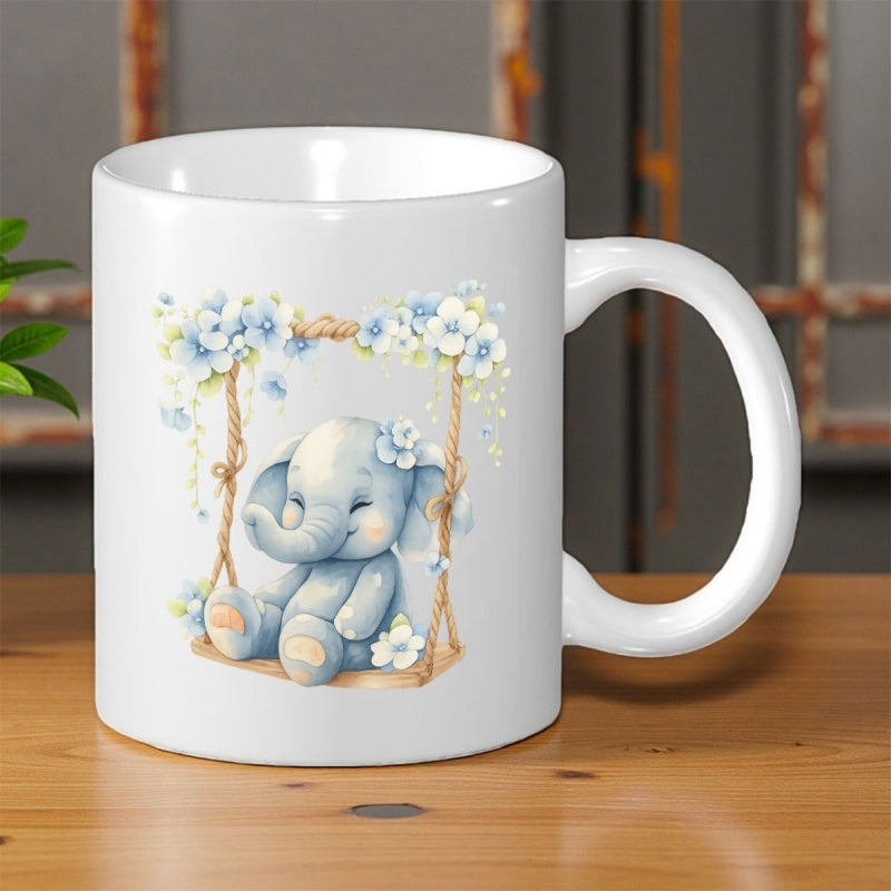 Tailorly White Ceramic 11 oz Mug - Sweet Watercolor Baby Sitting On A Floral Garden Rope Swing Elephant
