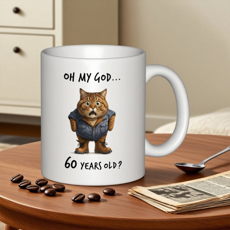 Tailorly White Ceramic 11 oz Mug - Oh My God 60 Years Old Shocked Chubby Ginger Animal Wearing Small Blue Vest And Boots Cat