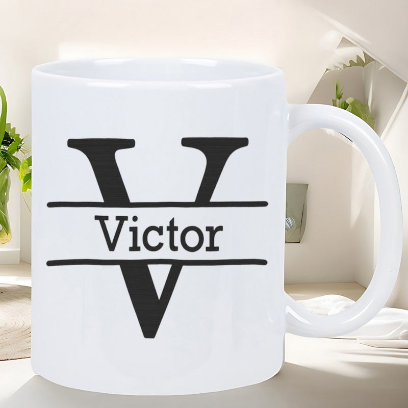 Tailorly White Ceramic 11 oz Mug - Victor Split Monogram Letter V With Personalized Name On