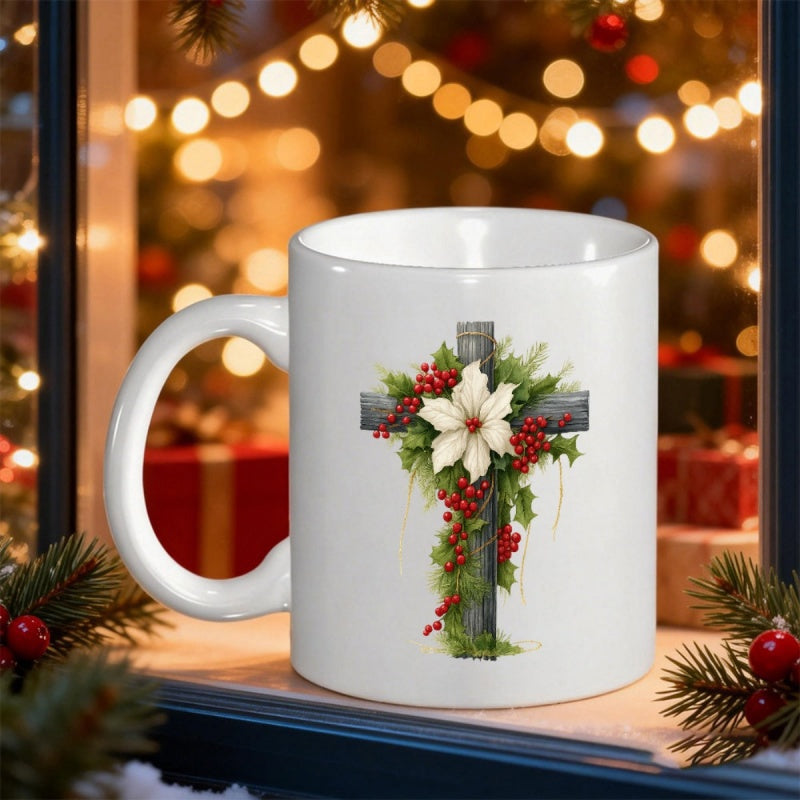 Tailorly White Ceramic 11 oz Mug - Rustic Wooden Surface Adorned With Elegant White Poinsettia And Holly Leaves Cross