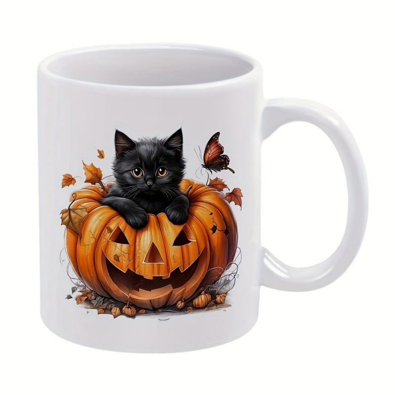 Tailorly White Ceramic 11 oz Mug - Adorable Kitten Inside Carved Halloween Pumpkin Surrounded By Falling Autumn Maple Leaves Black Cat