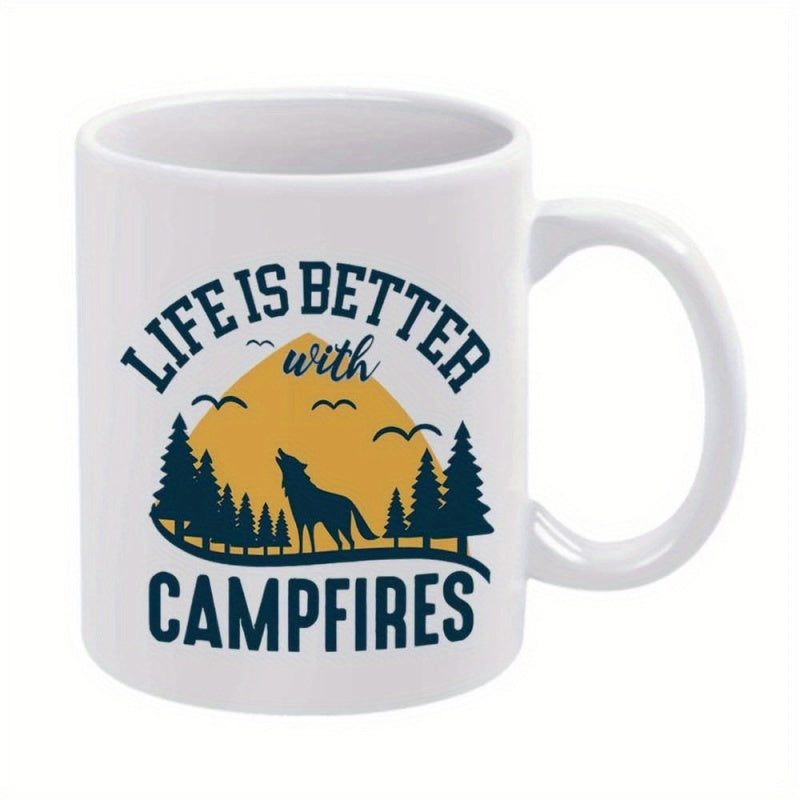 Tailorly White Ceramic 11 oz Mug - Life Is Better With Campfires Howling Silhouette Under Golden Sunset Beside Tall Pine Forest Wolf