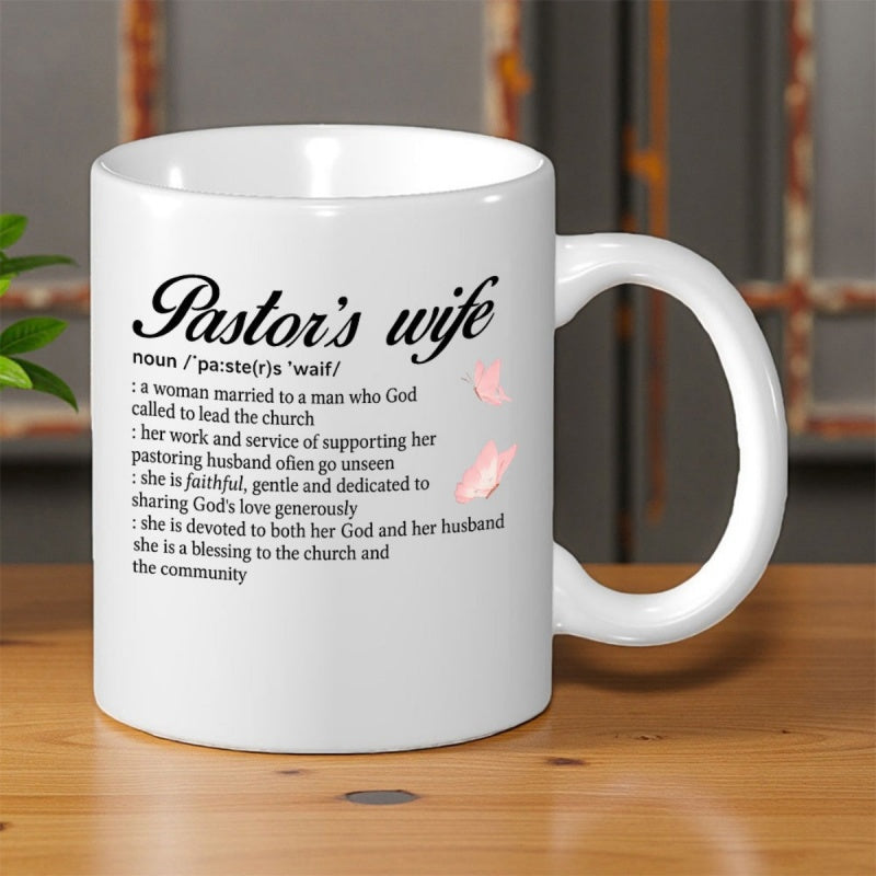 Tailorly White Ceramic 11 oz Mug - Pastor's Wife Delicate Pink Butterflies Fluttering Beside Meaningful Script Text Definition Ceramic Mug