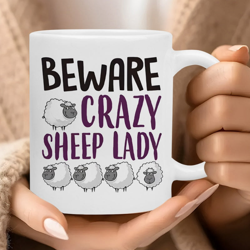 Tailorly White Ceramic 11 oz Mug - Beware Crazy Sheep Lady Cute Fluffy Cartoon Farm Animals Standing Together In Row Under Text Sheep