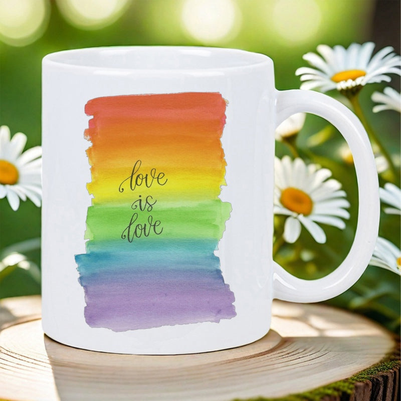 Tailorly White Ceramic 11 oz Mug - Love Is Love Colorful Watercolor Rainbow Brushstrokes Painted On A Simple