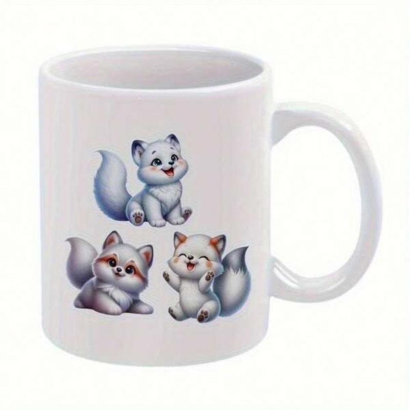 Tailorly White Ceramic 11 oz Mug - Three Sweet Fluffy Cartoon Arctic Foxes Resting In Playful Manner Fox