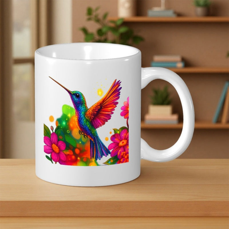 Tailorly White Ceramic 11 oz Mug - Vibrant Rainbow Colors Fluttering Among Splattered Paint And Blooming Summer Flowers Hummingbird