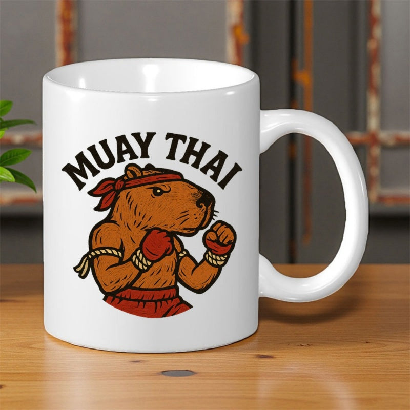 Tailorly White Ceramic 11 oz Mug - Muay Thai Powerful Muscular Fighter Wearing Traditional Red Boxing Shorts And Headband Capybara