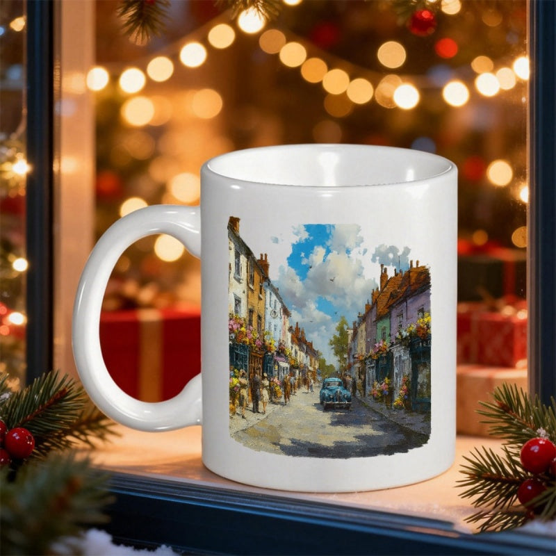 Tailorly White Ceramic 11 oz Mug - Artistic Watercolor Painting Of A Sunny European Village With Vintage Car Street