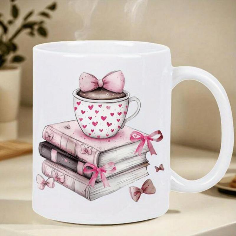 Tailorly White Ceramic 11 oz Mug - Elegant Stack Of Vintage Books With Pink Ribbons And Charming Heart Cup