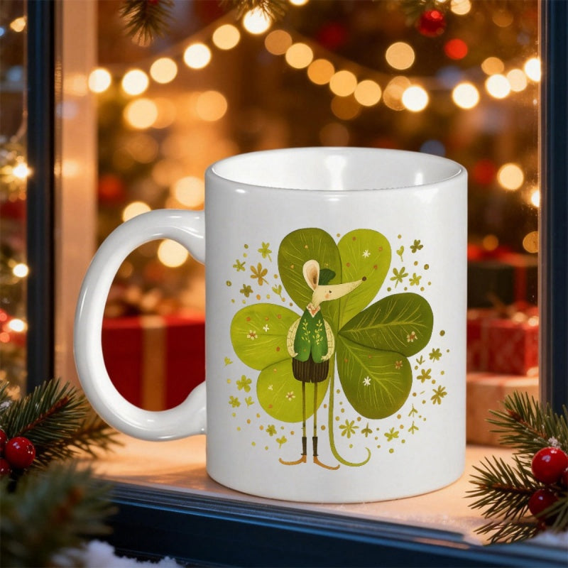 Tailorly White Ceramic 11 oz Mug - Little Green Figure Standing Within Large Lucky Four Leaf Clover Mouse
