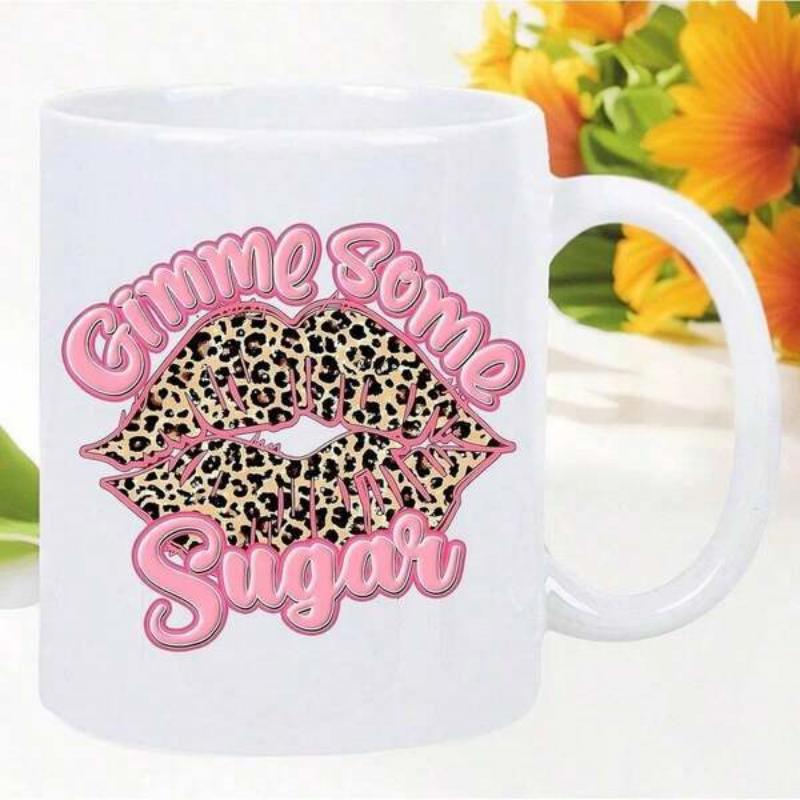 Tailorly White Ceramic 11 oz Mug - Gimme Some Sugar Pink Bubbly Style Surrounding Artistic Leopard Skin Pattern Pouty Lips
