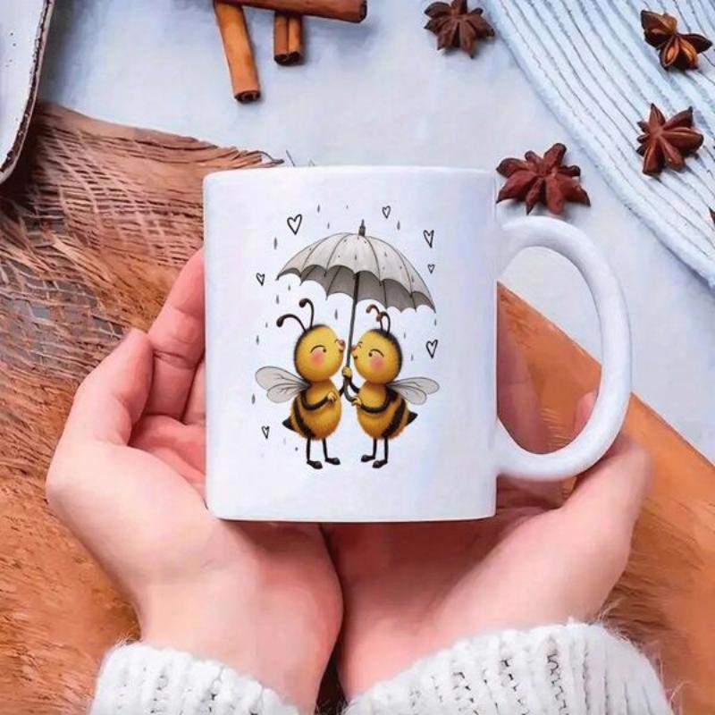 Tailorly White Ceramic 11 oz Mug - Two Cute Bumblebees Under Umbrella Sharing Love In Soft Garden Light Bee