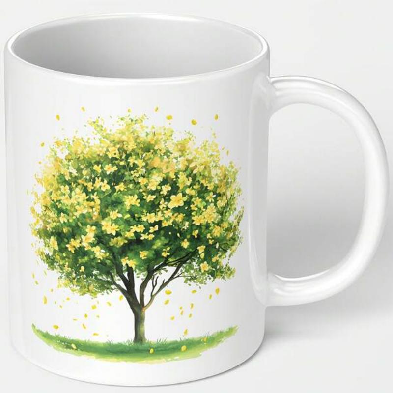 Tailorly White Ceramic 11 oz Mug - Vibrant Yellow Blossoms Blooming On A Lush Green Meadow Tree