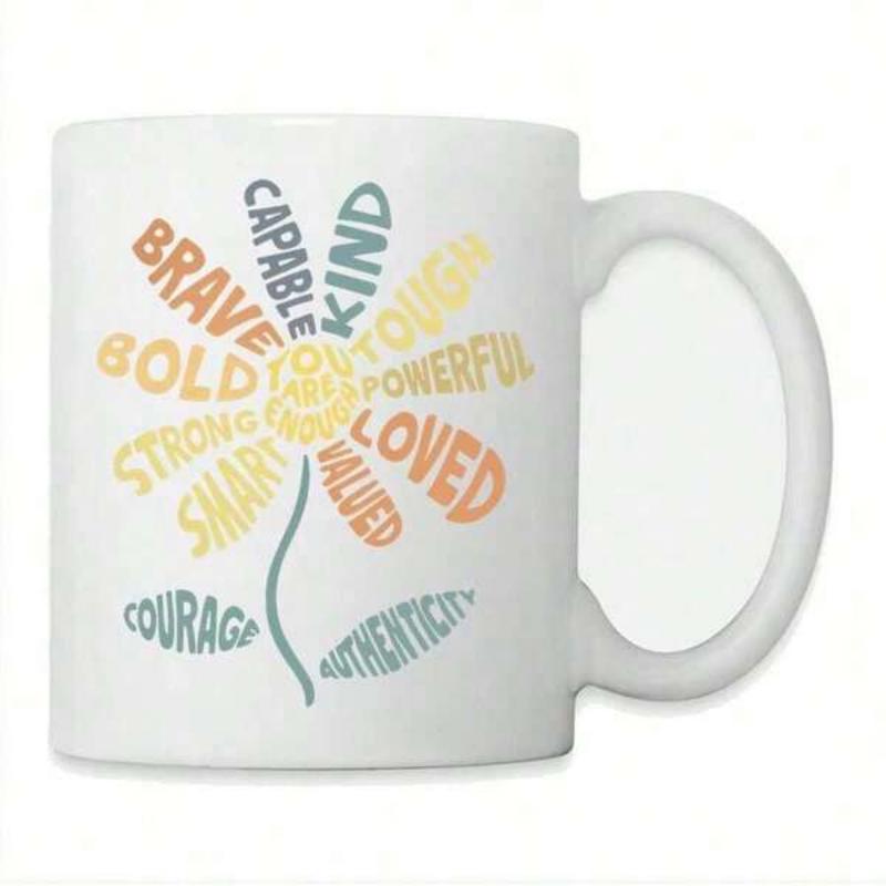 Tailorly White Ceramic 11 oz Mug - Brave Kind Bold Smart Loved You Are Enough Colorful Words Arranged Into A Delicate Blooming Flower