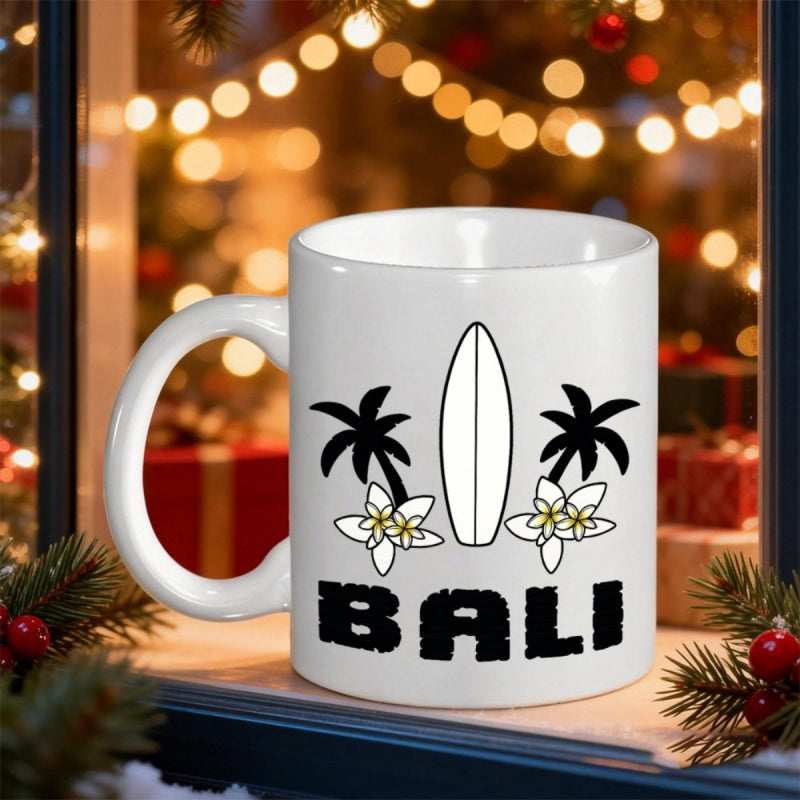 Tailorly White Ceramic 11 oz Mug - Bali Tropical Beach Scene With Palm Trees And Flowers Surfboard