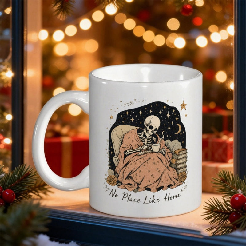 Tailorly White Ceramic 11 oz Mug - No Place Like Home Cozy Skeleton Wrapped In Warm Blanket Resting Under Starry Night Skeleton