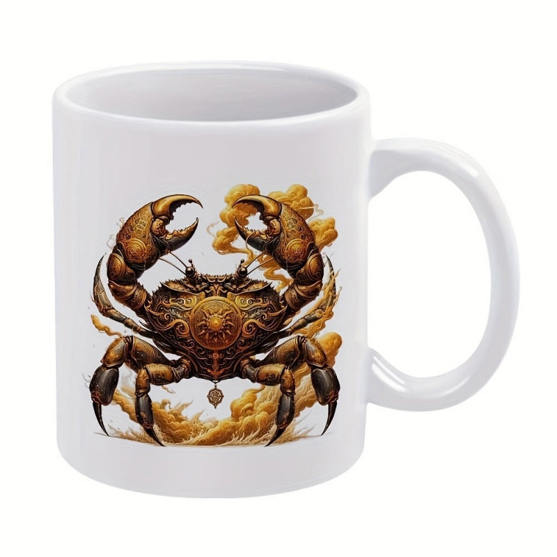 Tailorly White Ceramic 11 oz Mug - Intricate Ornate Bronze Pattern Surrounded By Swirling Golden Smoke Claws Crab