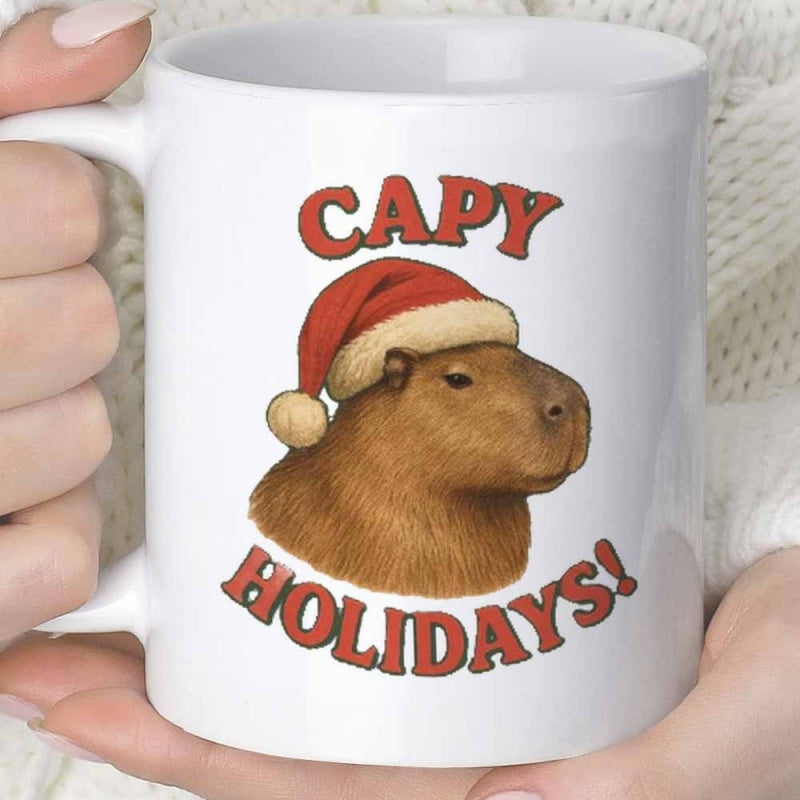 Tailorly White Ceramic 11 oz Mug - Capy Holidays Festive Brown Capybara Wearing A Soft Red Santa Hat During Christmas Capybara