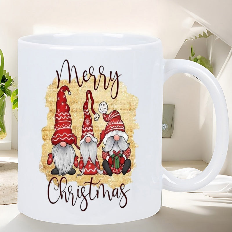 Tailorly White Ceramic 11 oz Mug - Merry Christmas Three Whimsical Red Gnomes Standing Against A Glittery Golden Backdrop Gnome