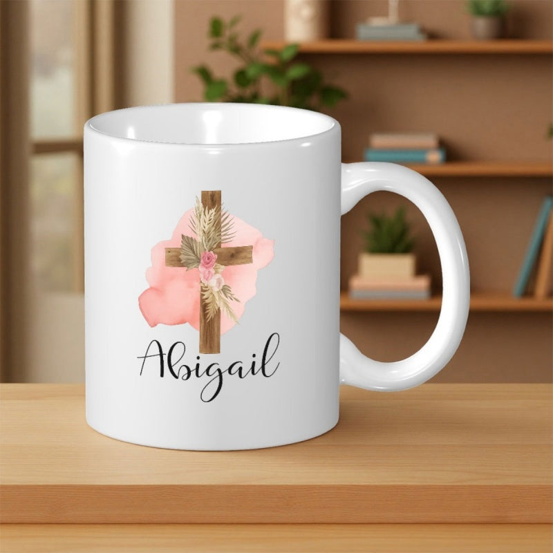 Tailorly White Ceramic 11 oz Mug - Abigail Wooden Texture With Delicate Pink Flowers On A Watercolor Background Cross