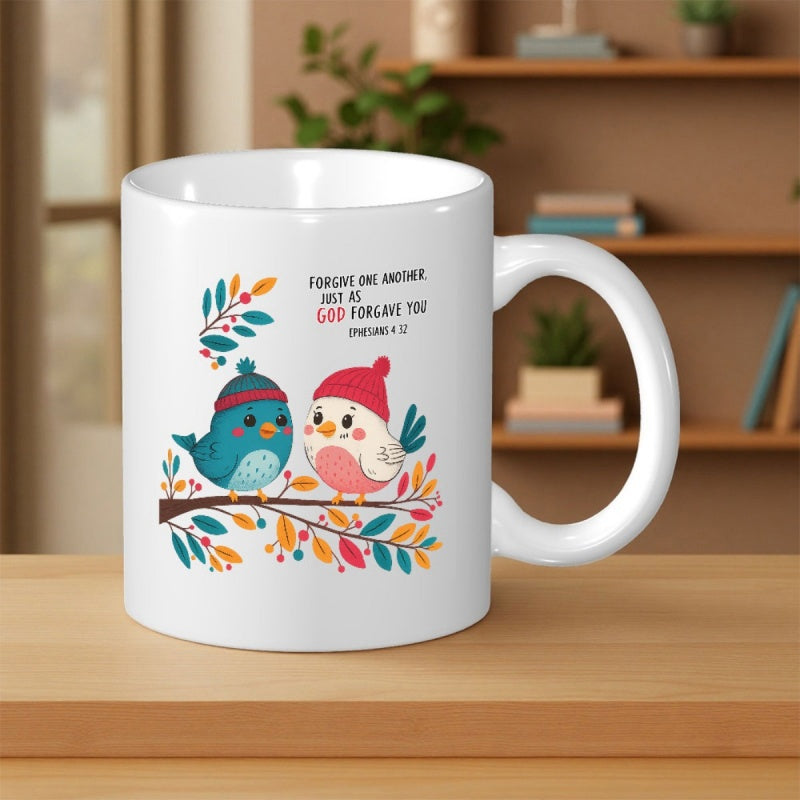 Tailorly White Ceramic 11 oz Mug - Forgive One Another Just As God Forgave You Ephesians Two Cute Cartoon Birds Wearing Winter Hats On A Decorative Branch Birds