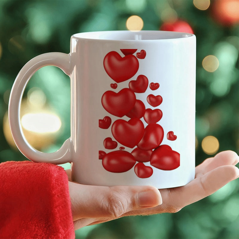 Tailorly White Ceramic 11 oz Mug - Romantic Vibrant Red Three Dimensional Floating Hearts In A Graceful Vertical Arrangement Heart