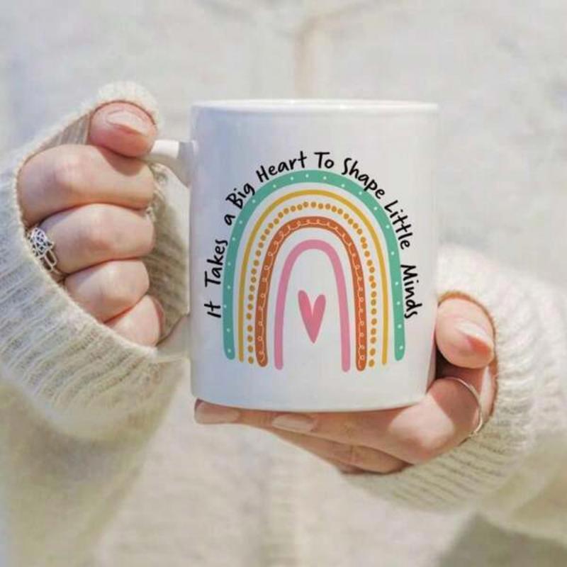 Tailorly White Ceramic 11 oz Mug - It Takes A Big Heart To Shape Little Minds Colorful Boho Style Arches With A Small Heart Centered Underneath Rainbow