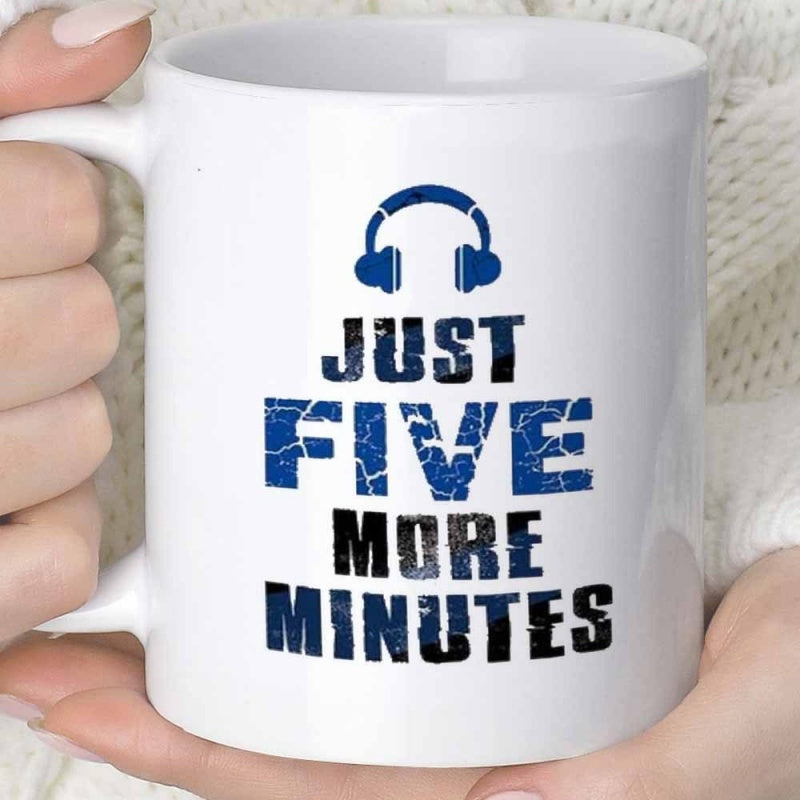 Tailorly White Ceramic 11 oz Mug - Just Five More Minutes Simple Blue Headset Icon Centered Above Bold Distressed Textured Typography Headphones