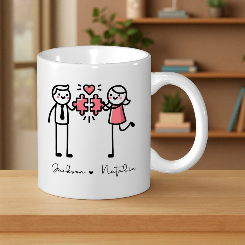 Tailorly White Ceramic 11 oz Mug - Jackson Natalie Minimalist Stick Figures Holding Heart Shaped Puzzle Pieces In Love Couple
