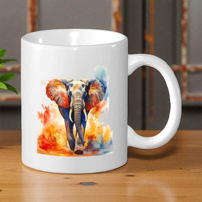 Tailorly White Ceramic 11 oz Mug - Vibrant Watercolor Painting Featuring Splashes Of Bold Colors Majestic Elephant