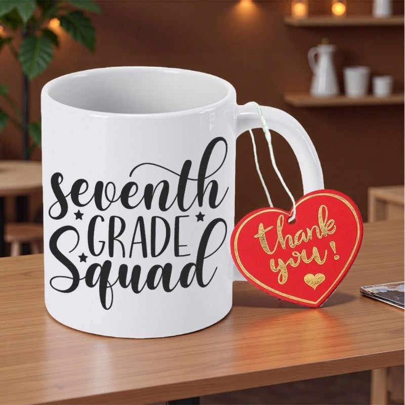 Tailorly White Ceramic 11 oz Mug - Seventh Grade Squad Thank You Minimalist White Ceramic Vessel Featuring Small Stars And A Red Heart Mug