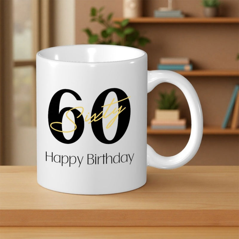 Tailorly White Ceramic 11 oz Mug - Sixty Happy Birthday Elegant Gold Cursive Script Over Large Black Bold Serif Number