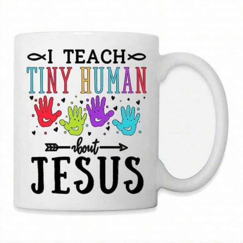Tailorly White Ceramic 11 oz Mug - I Teach Tiny Humans About Jesus Colorful Handprints With Small Hearts And Symbolic Religious Fish Handprint