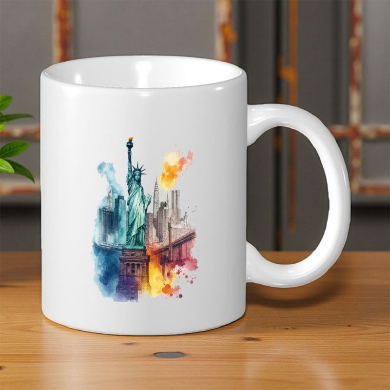Tailorly White Ceramic 11 oz Mug - Artistic Watercolor Skyline Of New York City Featuring Iconic Landmark Statue Of Liberty