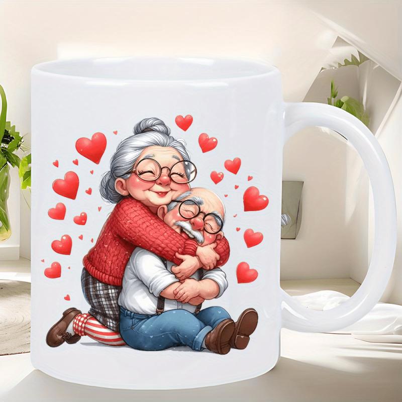 Tailorly White Ceramic 11 oz Mug - Adorable Elderly Couple Embracing Closely Surrounded By Floating Red Vibrant Love Couple