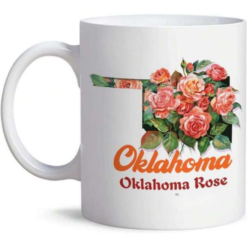 Tailorly White Ceramic 11 oz Mug - Oklahoma Oklahoma Rose Elegant Pink And Orange Roses Growing Within State Map Silhouette Rose