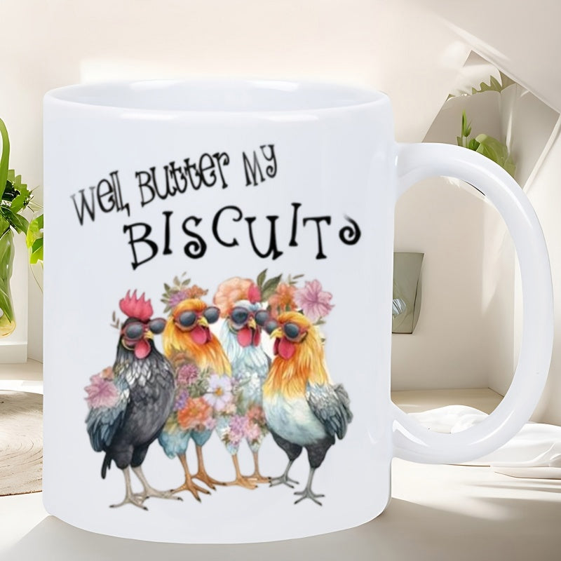 Tailorly White Ceramic 11 oz Mug - Well Butter My Biscuit Four Funny Roosters Wearing Sunglasses Decorated With Pretty Blossoms Rooster