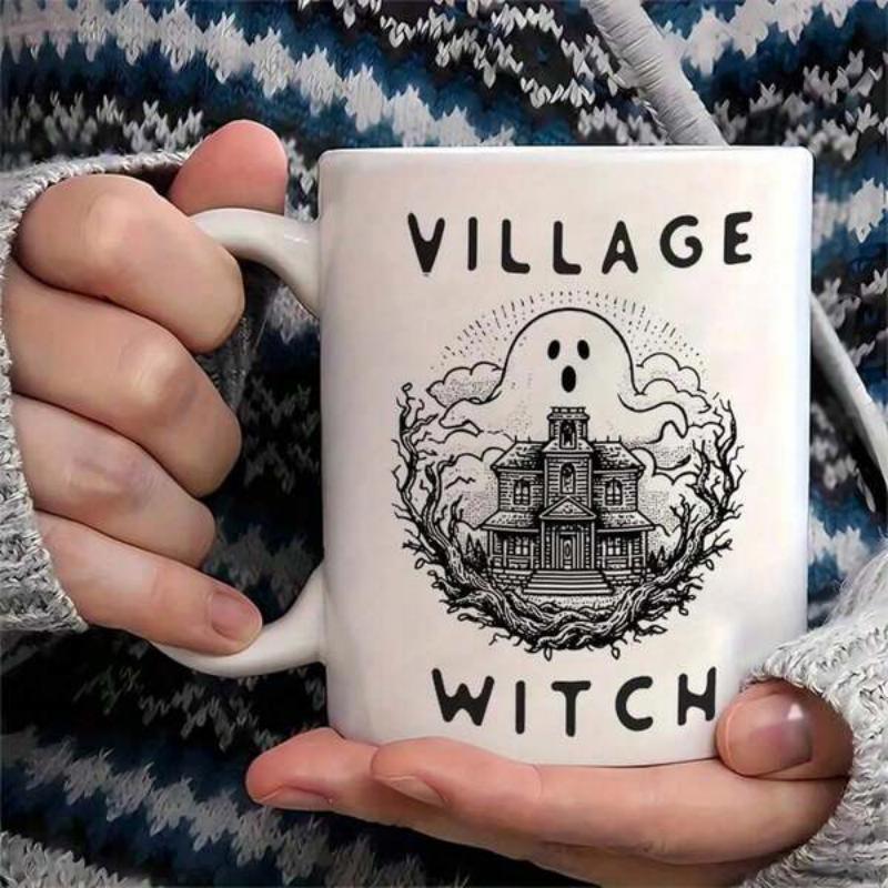 Tailorly White Ceramic 11 oz Mug - Village Witch Haunted Victorian House Framed By Thorny Branches And Ghost Mansion