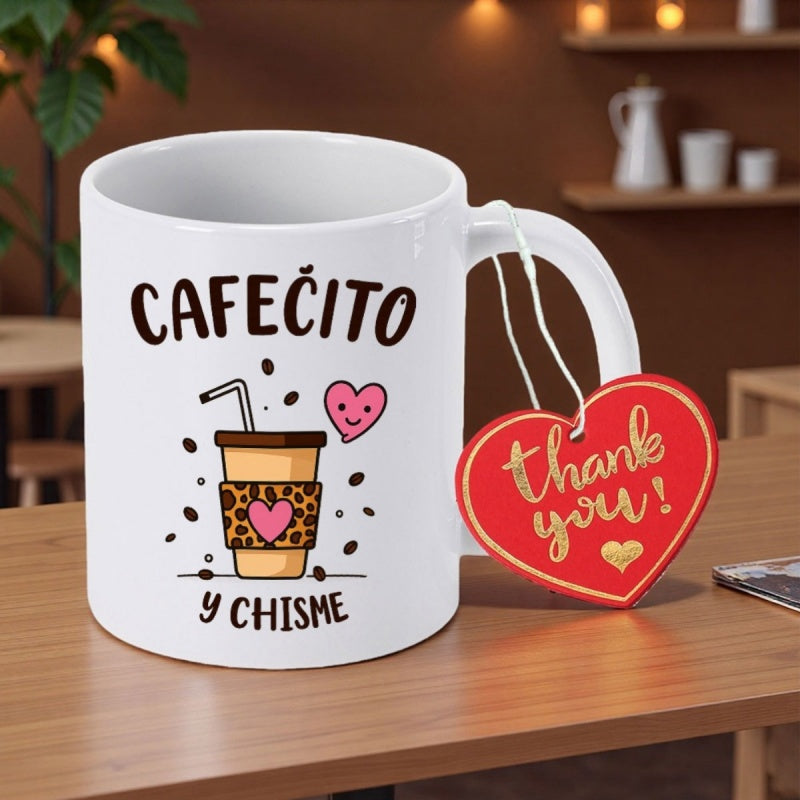 Tailorly White Ceramic 11 oz Mug - Thank You Cartoon Takeaway Coffee Cup With Leopard Print Sleeve And Pink Hearts Mug