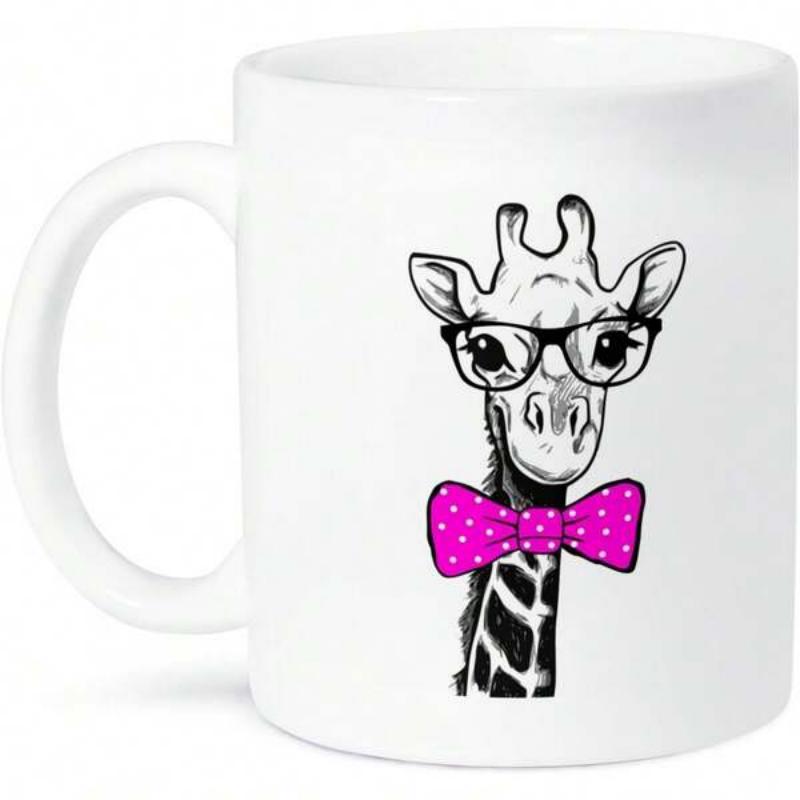Tailorly White Ceramic 11 oz Mug - Whimsical Hand Drawn Sketch Wearing Black Glasses And Pink Bow Tie Giraffe