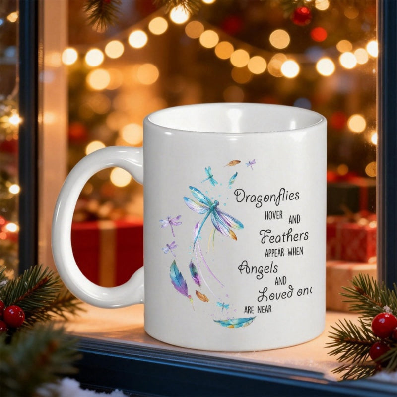 Tailorly White Ceramic 11 oz Mug - Dragonflies Hover And Feathers Appear When Angels And Loved Ones Are Near Elegant Watercolor Dragonfly Flying Among Soft