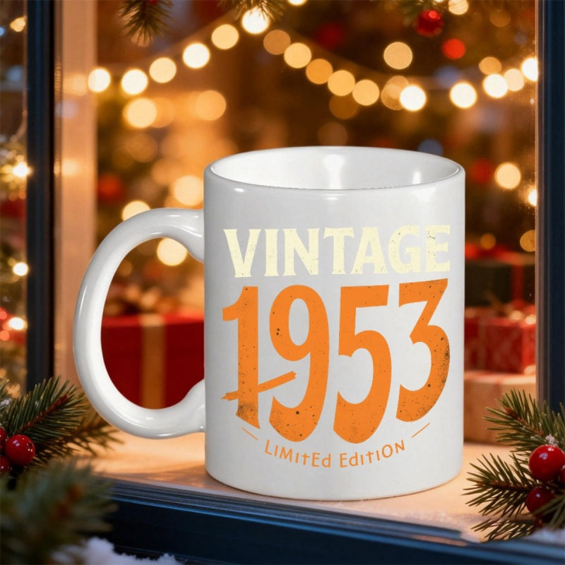Tailorly White Ceramic 11 oz Mug - Vintage 1953 Limited Edition Distressed Numbers On With Festive Holiday Lights Background Mug