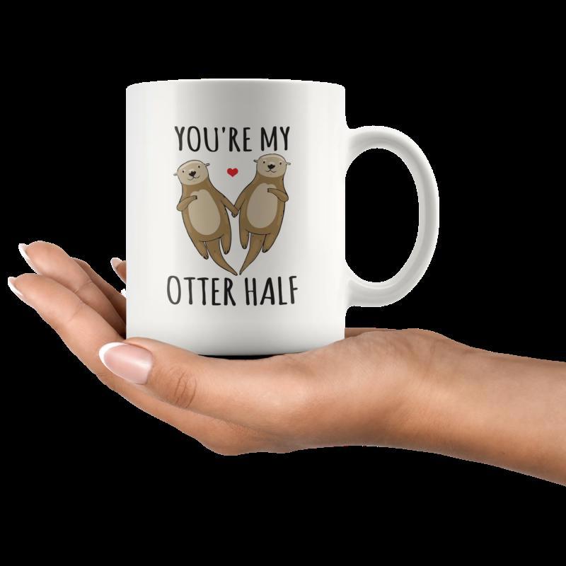 Tailorly White Ceramic 11 oz Mug - Youre My Otter Half Two Cute Brown Sea Otters Holding Paws With A Tiny Red Heart Otter