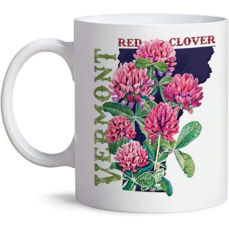 Tailorly White Ceramic 11 oz Mug - Red Clover Vermont Blooming Pink Flowers Among Lush Green Leaves Under State Map Clover