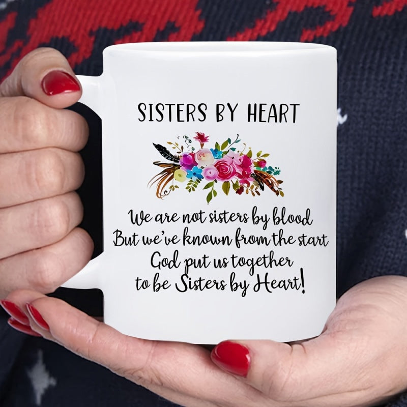 Tailorly White Ceramic 11 oz Mug - Sisters By Heart Delicate Watercolor Floral Arrangement With Decorative Feathers And Vibrant Blooming Petals Mug