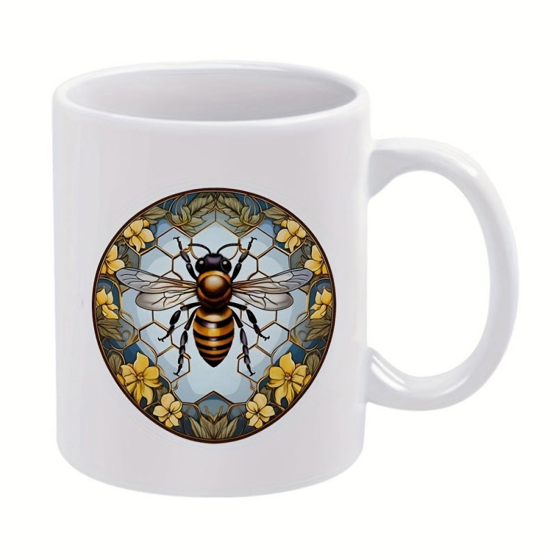 Tailorly White Ceramic 11 oz Mug - Vintage Stained Glass Style Honeycomb Pattern With Golden Summer Flowers Bee