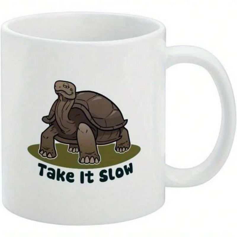 Tailorly White Ceramic 11 oz Mug - Take It Slow Peaceful Tortoise Standing Still On A Circular Green Patch Tortoise