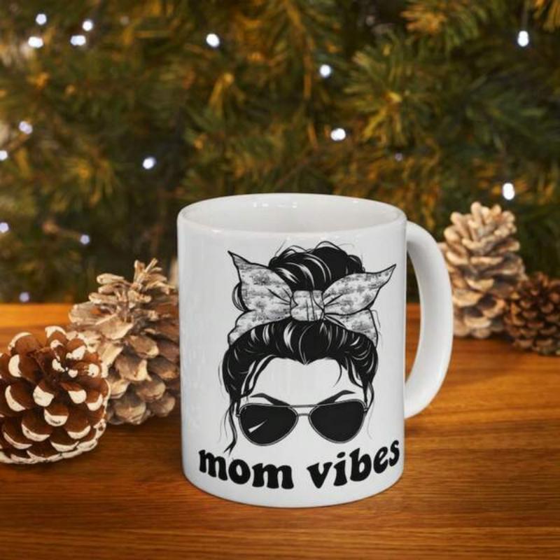 Tailorly White Ceramic 11 oz Mug - Mom Vibes Trendy Woman With Messy Bun And Cheetah Print Bandana Portrait