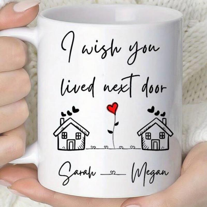 Tailorly White Ceramic 11 oz Mug - I Wish You Lived Next Door Sarah Megan Two Minimalist Line Art Cottages With Small Floating Hearts Growing Flower House